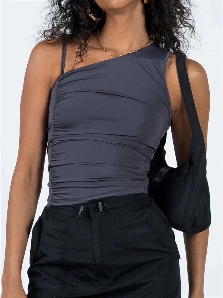 Off Shoulder Strap Ruched 2024 Women Sleeveless Solid Slim Fit Irregular Hem Vest Summer Streetwear Crop Top Main image