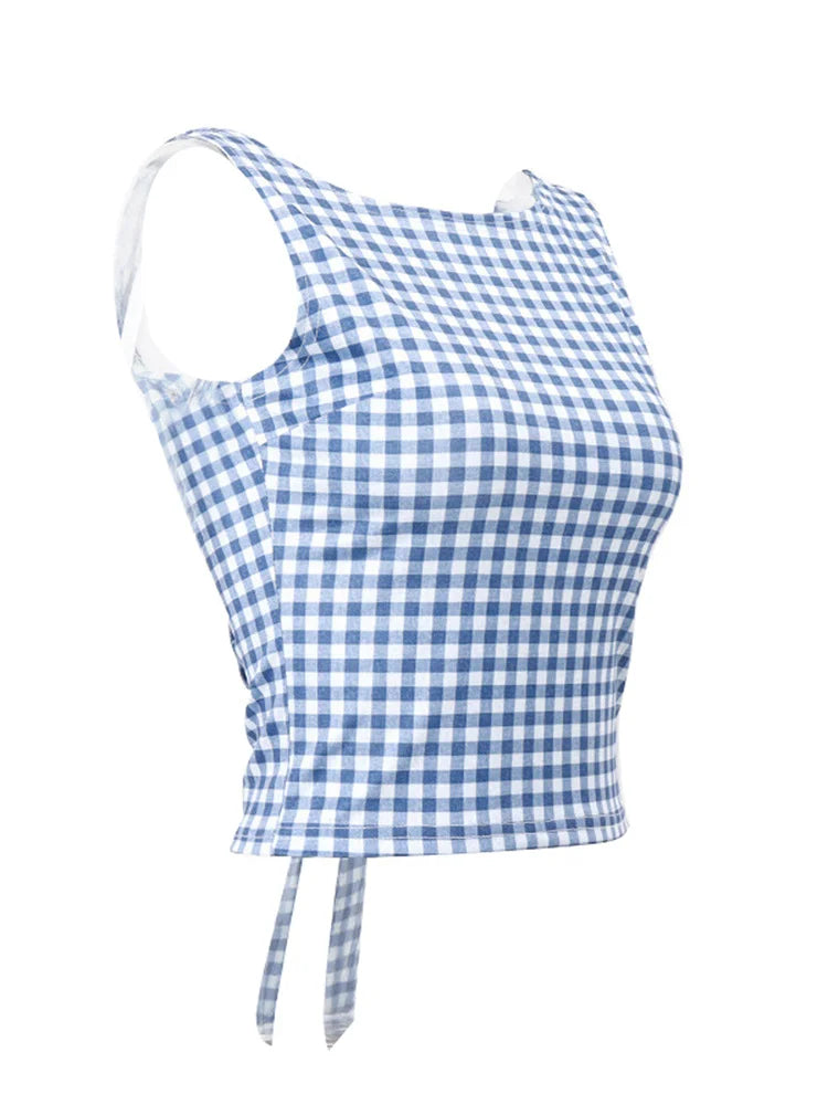 Retro Women Cropped Top Plaid Print Summer Bow Backless Basic Vest Sleeveless Aesthetic for Streetwear 2024 Crop Top