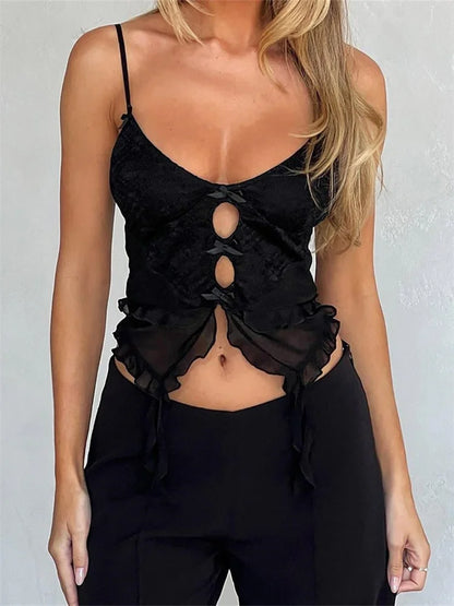 Retro Women Lace Ruffles Bowknot Cutout Spaghetti Strap Sleeveless Backless Summer Vest Clubwear 2024 Crop Top