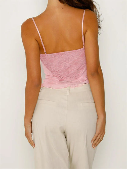 Retro Women Lace Ruffles Bowknot Cutout Spaghetti Strap Sleeveless Backless Summer Vest Clubwear 2024 Crop Top