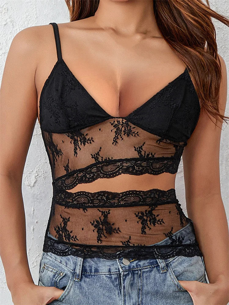 Retro Women Lace Sleeveless Strap V-neck Mesh Hollow Out Backless Summer Slim Fit Vest Clubwear 2024 Crop Top Main image