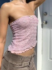 Retro  Lace Patchwork Tube Y2K Strapless Off Shoulder Fairy Irregular Hem 2024 Crop Top