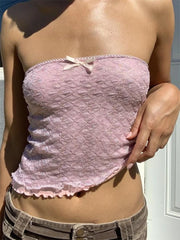 Retro  Lace Patchwork Tube Y2K Strapless Off Shoulder Fairy Irregular Hem 2024 Crop Top