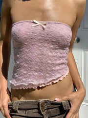Retro  Lace Patchwork Tube Y2K Strapless Off Shoulder Fairy Irregular Hem 2024 Crop Top