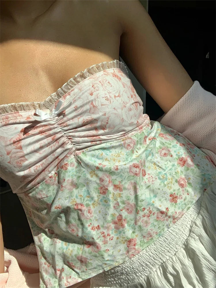 Retro Strapless Off Shoulder Tube Lace Patchwork Summer Plaid Floral Print Aesthetic Backless Crop Top Main image