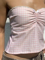 Retro Strapless Off Shoulder Tube Lace Patchwork Summer Plaid Floral Print Aesthetic Backless Crop Top