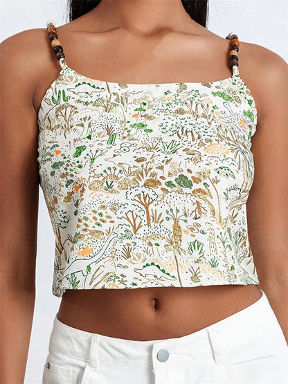 Retro Women Summer Top Floral Print Spaghetti Strap Sleeveless Mini Vest for Streetwear Clubwear 2024 Crop Top