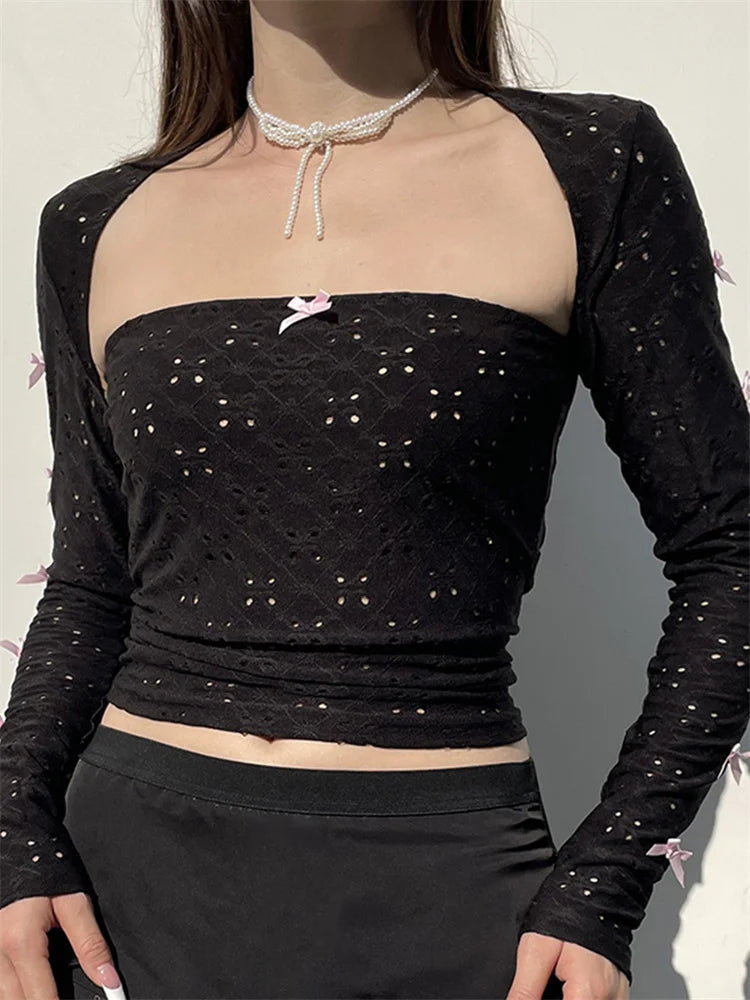 Retro Summer Lace Hollow Out Tube with Long Sleeve Shrug Outfits Bowknot Patchwork Clubwear Crop Top Main image