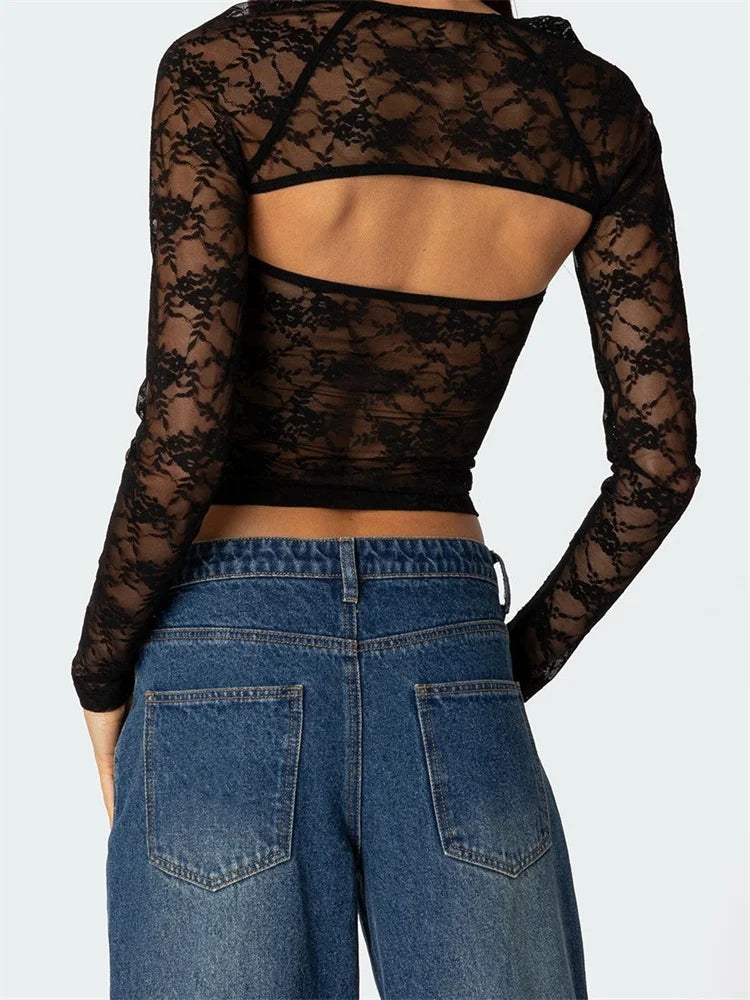 Retro Women Summer Lace Patchwork Tube with Long Sleeve Shrug Outfits Mesh See Through Tanks Clubwear Crop Top