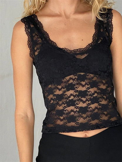 Retro Women Summer Lace Sleeveless Round Neck Mesh Sheer See Through Slim Exposed Navel Mini Vest 2024 Crop Top