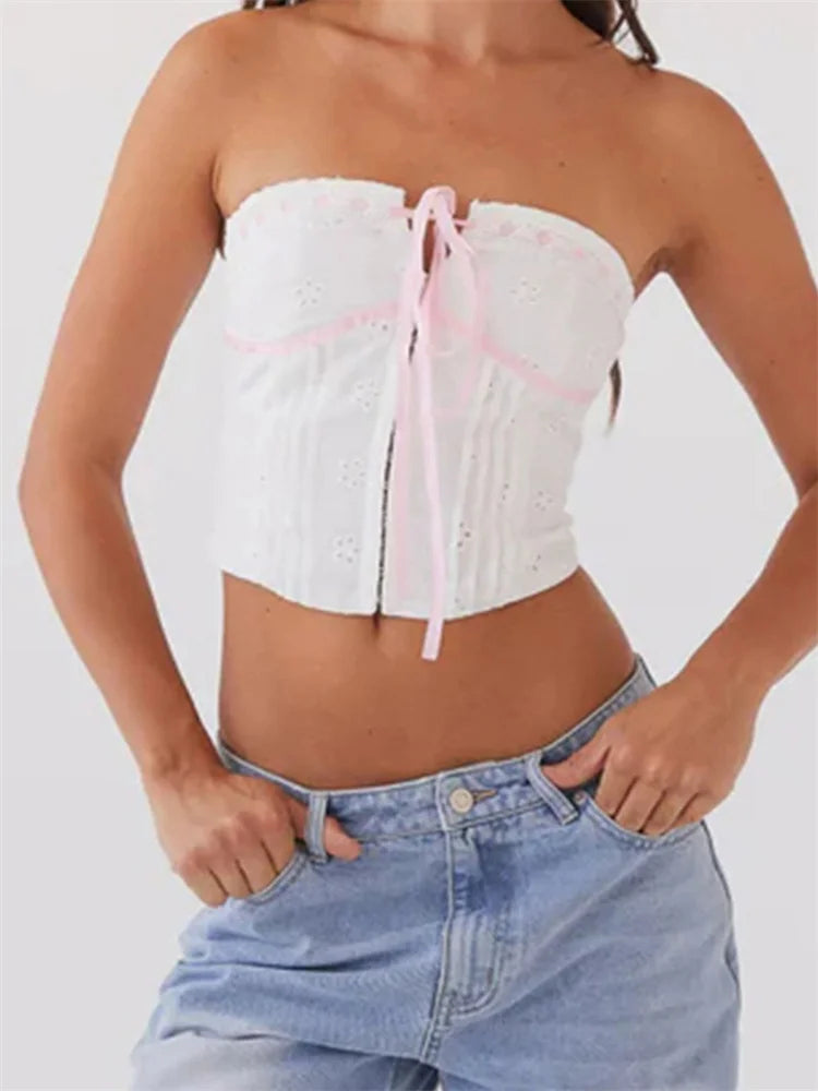 Retro Women Summer Slim Tube Strapless Off Shoulder Lace Mini Vest Slim Exposed Navel Bustiers Summer Streetwear Crop Top Main image
