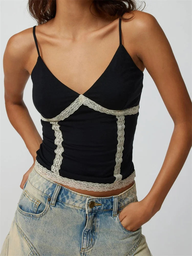 Retro Women V Neck Sleeveless Spaghetti Strap Lace Patchwork Summer Slim Fit Party Mini Vest Clubwear Crop Top Main image