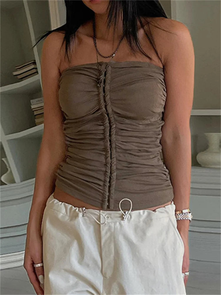 Ruched Strapless Off Shoulder Tube Cropped Summer Clubwear 2024 Y2K  Women Front Buttons Up Slim Vests Crop Top Secondary image