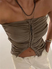 Ruched Strapless Off Shoulder Tube Cropped Summer Clubwear 2024 Y2K  Women Front Buttons Up Slim Vests Crop Top