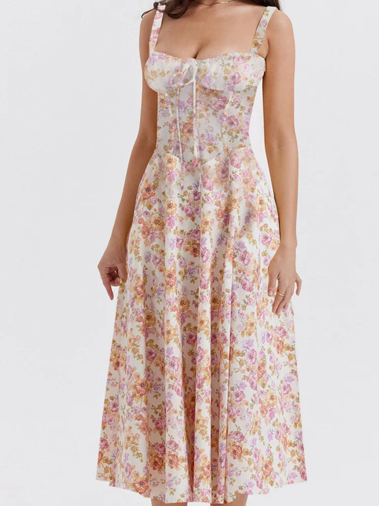 Ruched Sleeveless Strap Square Neck Lace-Up High Split Midi Dress Main image