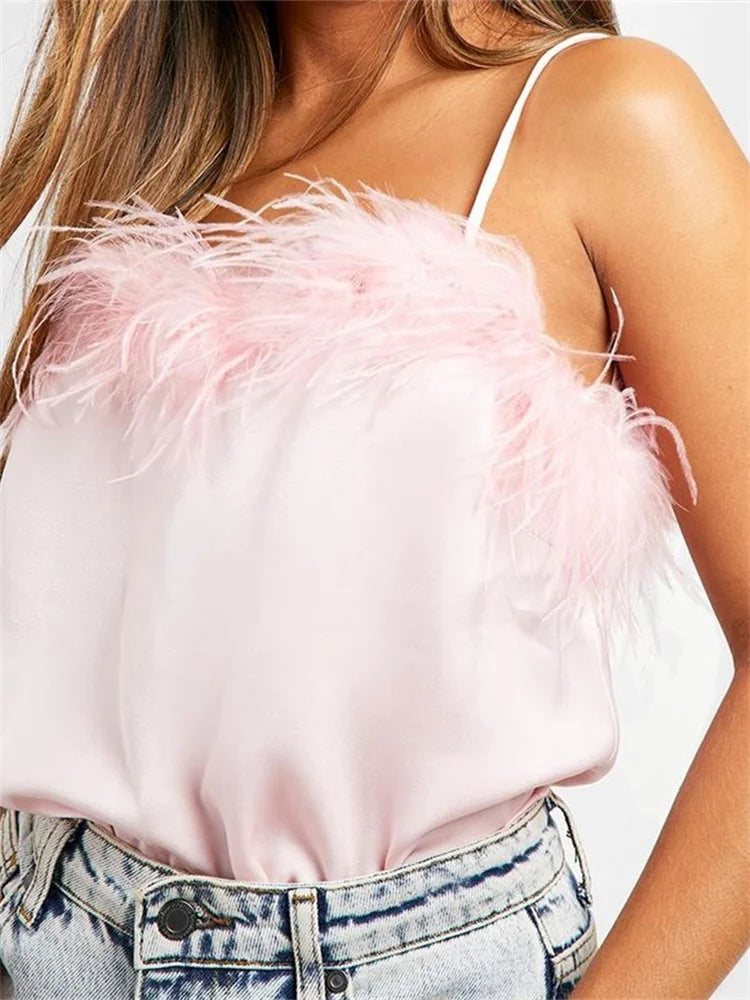 Sexy Women Elegant Sleeveless Strap Fur Patchwork Summer Vest Party Club Streetwear Solid Color 2024 Crop Top