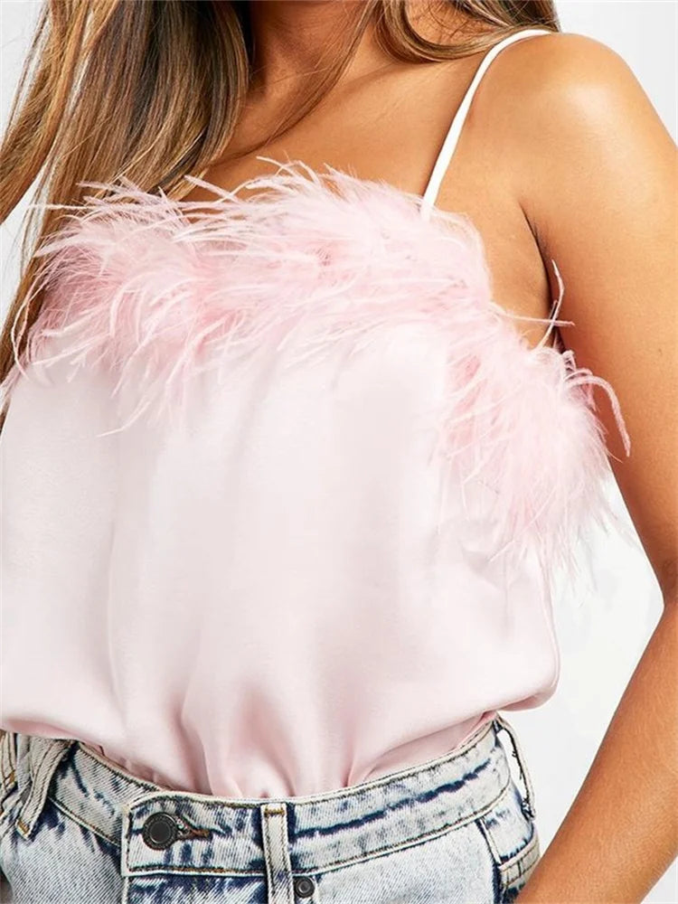 Women Elegant Sleeveless Strap Fur Patchwork Summer Vest Party Club Streetwear Solid Color 2024 Crop Top Main image