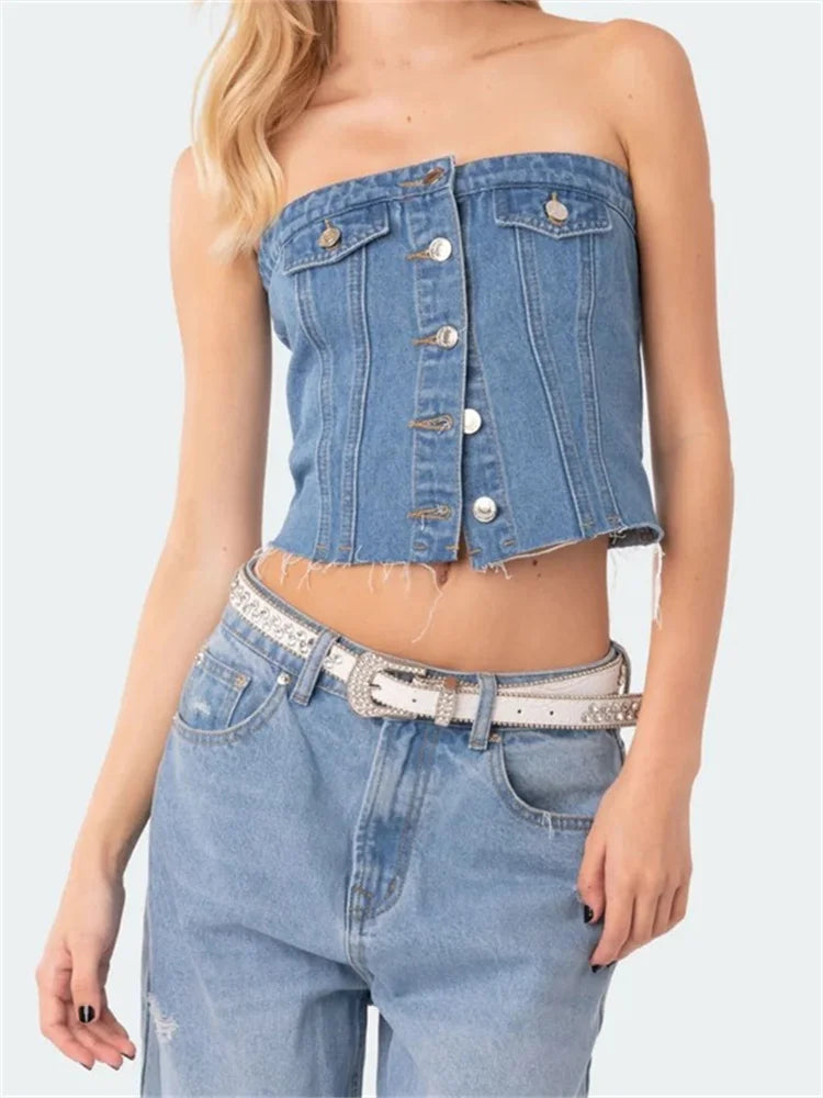 Women Denim Tube Strapless Slim Fit Button Down Bustiers Corsets Streetwear Summer Off Shoulder Vests Crop Top Main image