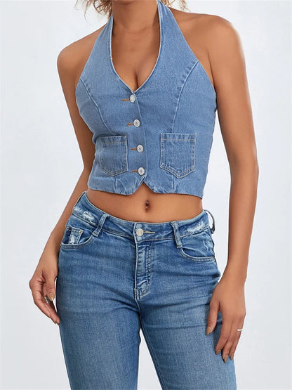 Sexy Women Halter Off Shoulder Sleeveless Backless Buttons Up Summer Denim Vest Club Party Streetwear 2024 Crop Top