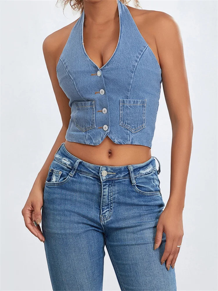 Women Halter Off Shoulder Sleeveless Backless Buttons Up Summer Denim Vest Club Party Streetwear 2024 Crop Top Main image