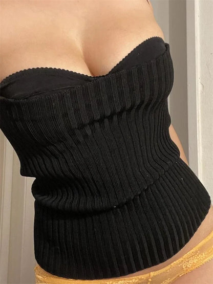 Sexy Women Knitted Ribbed Top Sleeveless Spaghetti Strap Solid Color Slim Fit V-neck Push Up Vest Clubwear Crop Top