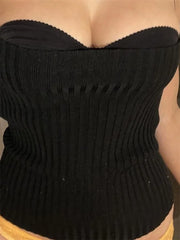 Women Knitted Ribbed Top Sleeveless Spaghetti Strap Solid Color Slim Fit V-neck Push Up Vest Clubwear Crop Top