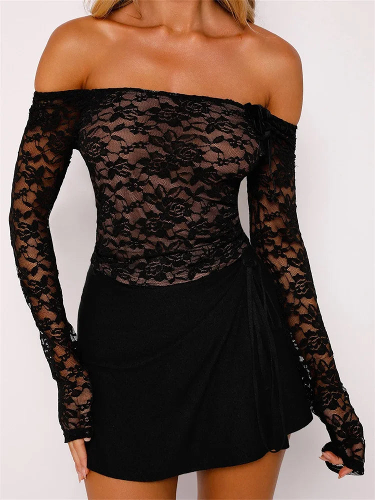 Lace Floral Slash Neck Long Sleeve Off Shoulder Spring Fall T-shirts Main image