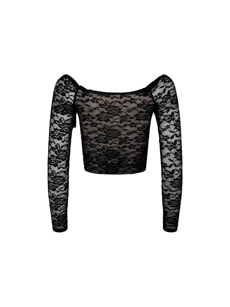 Sexy Lace Floral Slash Neck Long Sleeve Off Shoulder Spring Fall T-shirts