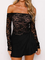 Lace Floral Slash Neck Long Sleeve Off Shoulder Spring Fall T-shirts