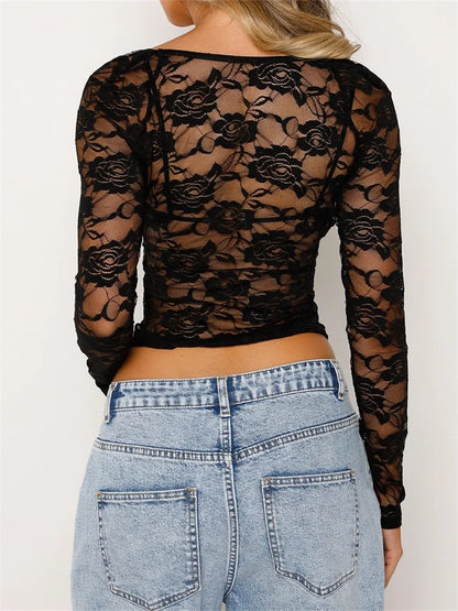 Sexy Lace Floral Low Cut Mesh Sheer See Through Long Sleeve Summer T-shirts