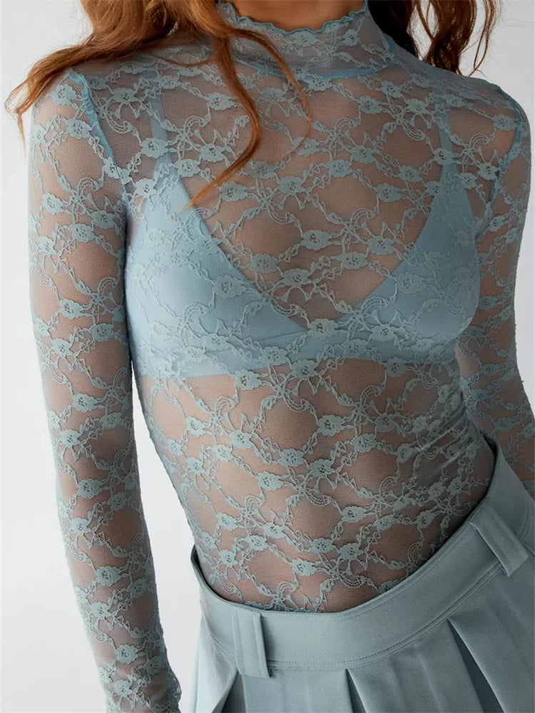 Sexy Women Lace Turtleneck Mesh See Through Fall Club Streetwear 2024 T-shirts