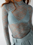 Women Lace Turtleneck Mesh See Through Fall Club Streetwear T-shirts