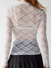 Sexy Women Lace Turtleneck Mesh See Through Fall Club Streetwear T-shirts