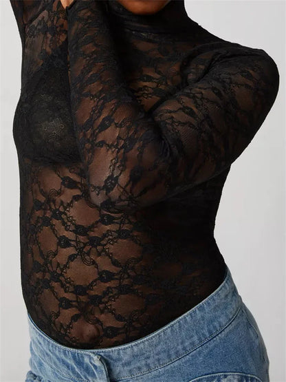 Sexy Women Lace Turtleneck Mesh See Through Fall Club Streetwear 2024 T-shirts