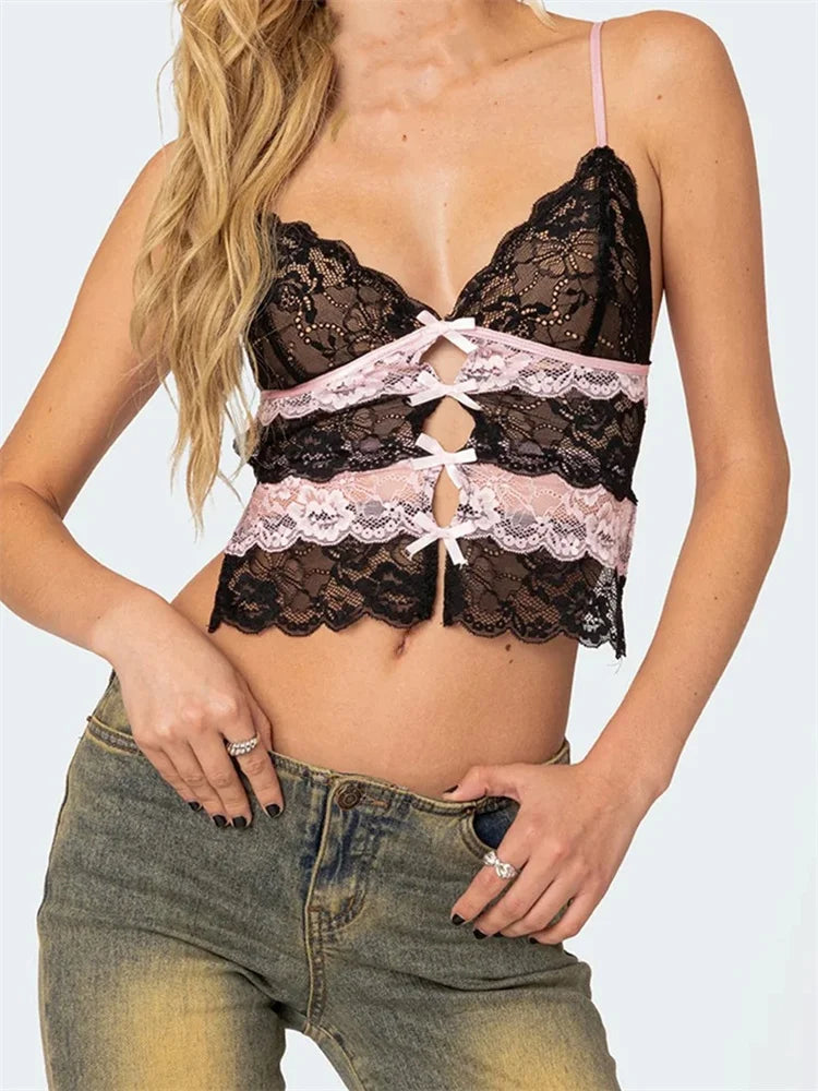 Women Lace Slim Front Bowknot Patchwork Cutout Spaghetti Strap Mini Vest Exposed Navel Cropped Tanks Crop Top Main image