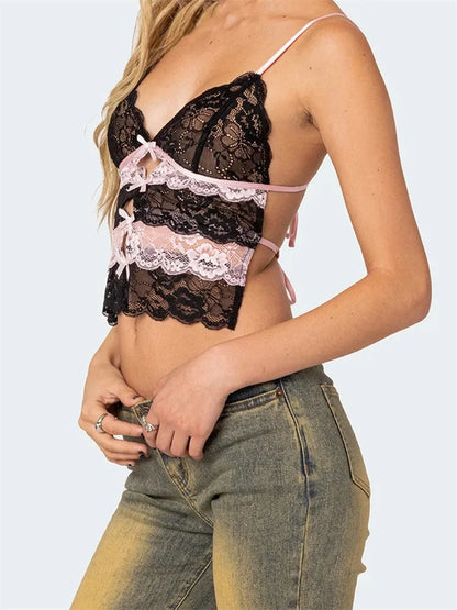 Sexy Women Lace Slim Front Bowknot Patchwork Cutout Spaghetti Strap Mini Vest Exposed Navel Cropped Tanks Crop Top