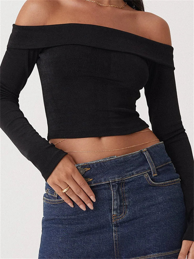 Long Sleeve Slim Fit Casual Exposed Navel Solid Slash Neck Off Shoulder T-shirts Main image