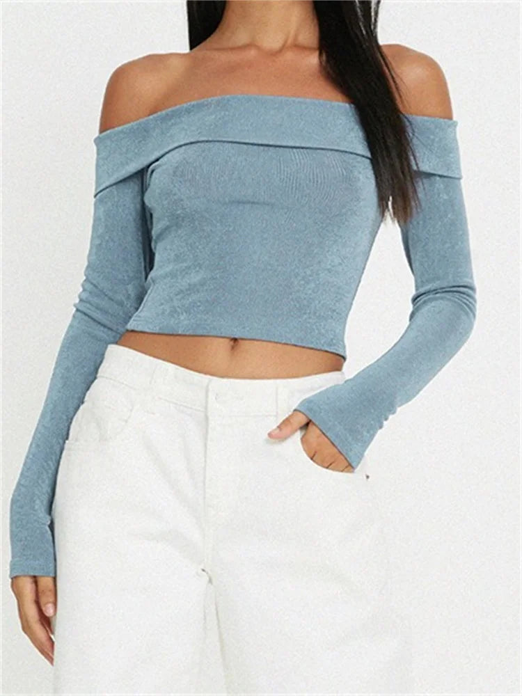 Sexy Long Sleeve Slim Fit Casual Exposed Navel Solid Slash Neck Off Shoulder T-shirts