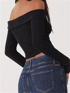 Long Sleeve Slim Fit Casual Exposed Navel Solid Slash Neck Off Shoulder T-shirts