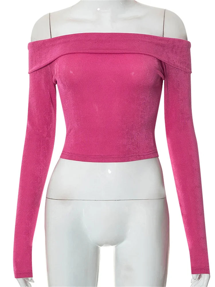 Long Sleeve Slim Fit Casual Exposed Navel Solid Slash Neck Off Shoulder T-shirts