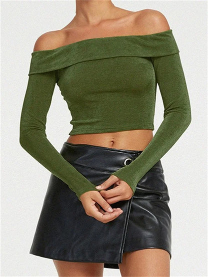 Sexy Long Sleeve Slim Fit Casual Exposed Navel Solid Slash Neck Off Shoulder T-shirts