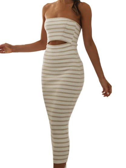 Sexy Off Shoulder Knitted Strapless Backless Striped Patchwork Midi Dress