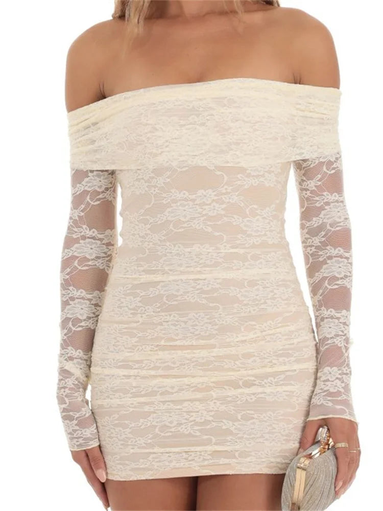 Off Shoulder Lace Long Sleeve Bodycon Mini Dresses Main image