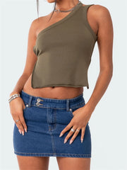 Off Shoulder Single Strap Y2K Sleeveless Slim Fit  Backless Solid Mini Streetwear Crop Top