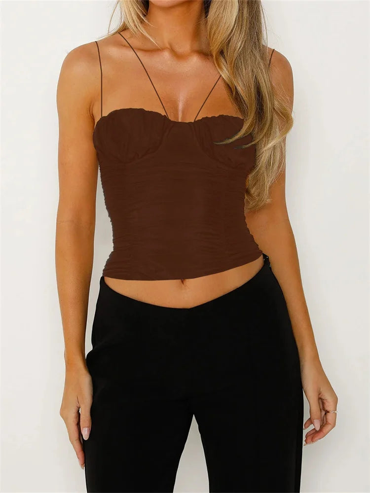 Ruched Low Cut Cropped Top Sleeveless Strap V Neck Summer Solid Party Club Mini Vest Streetwear Crop Top