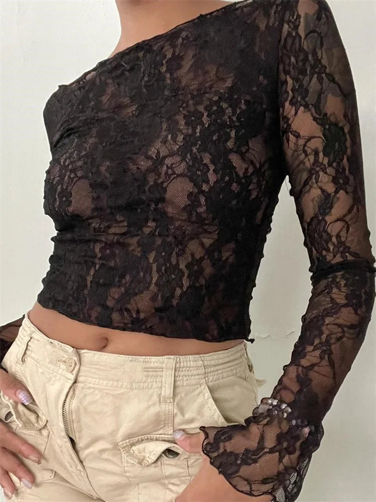 Slash Neck Off Shoulder Lace See-Through Long Sleeve Casual Pullover Club T-shirts Main image