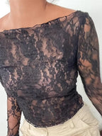 Slash Neck Off Shoulder Lace See-Through Long Sleeve Casual Pullover Club T-shirts