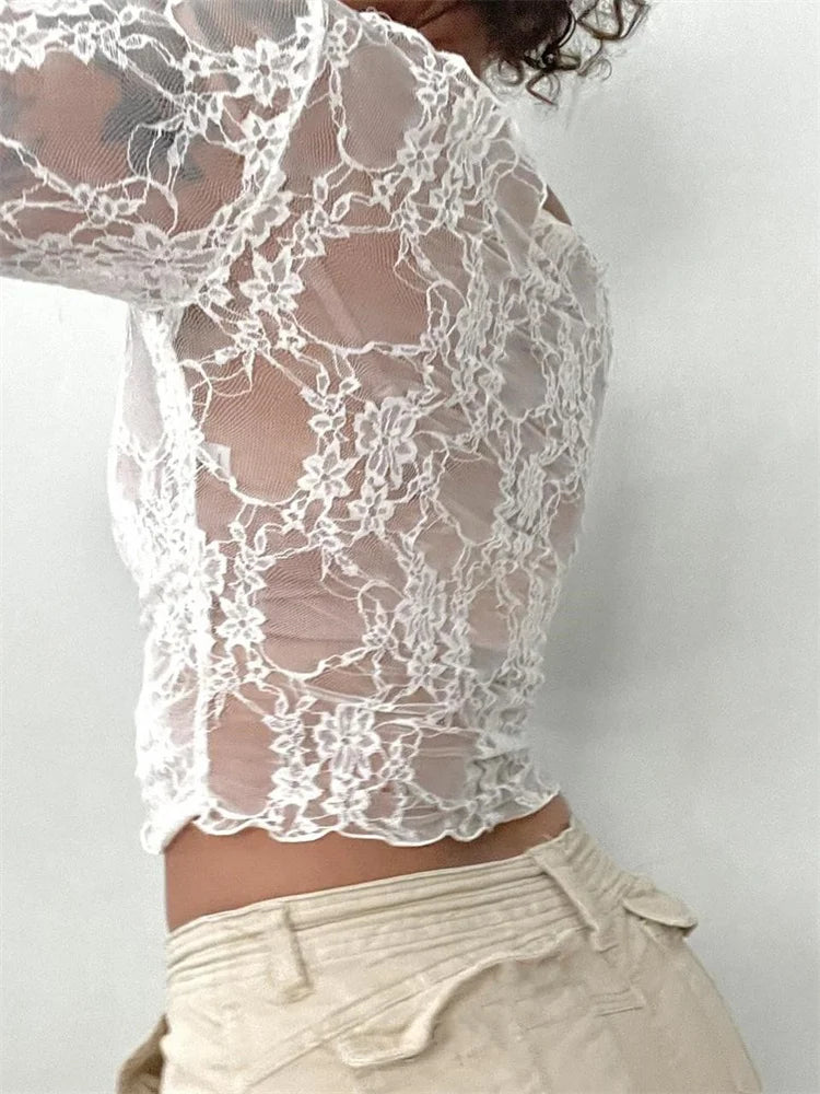 Slash Neck Off Shoulder Lace See-Through Long Sleeve Casual Pullover Club T-shirts