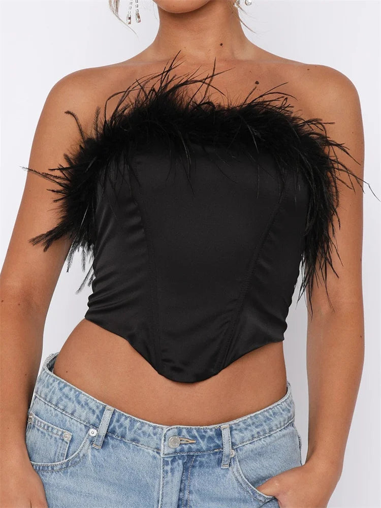 Sexy Women Solid Tube Feather Patchwork Strapless Summer Irregular Hem Exposed Navel Mini Vest Streetwear Crop Top
