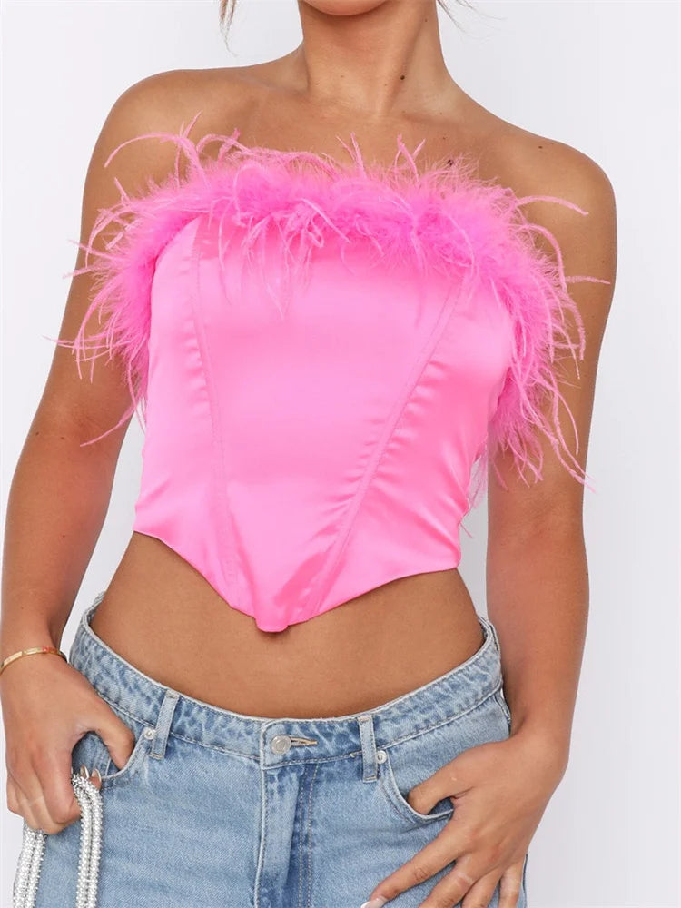 Women Solid Tube Feather Patchwork Strapless Summer Irregular Hem Exposed Navel Mini Vest Streetwear Crop Top